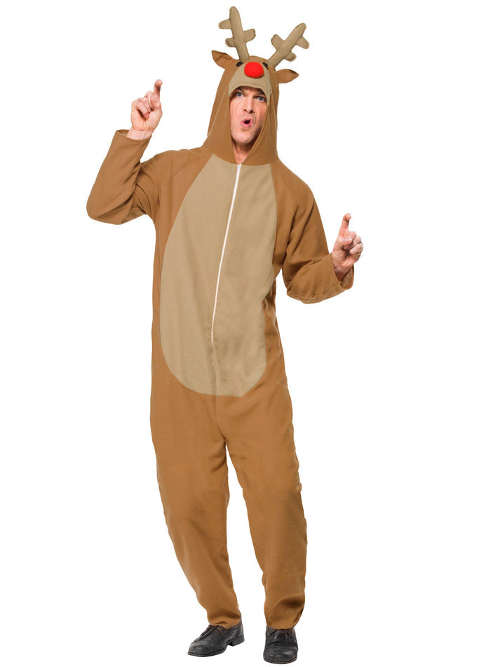 Reindeer Costume Adult Brown All In One With Hood