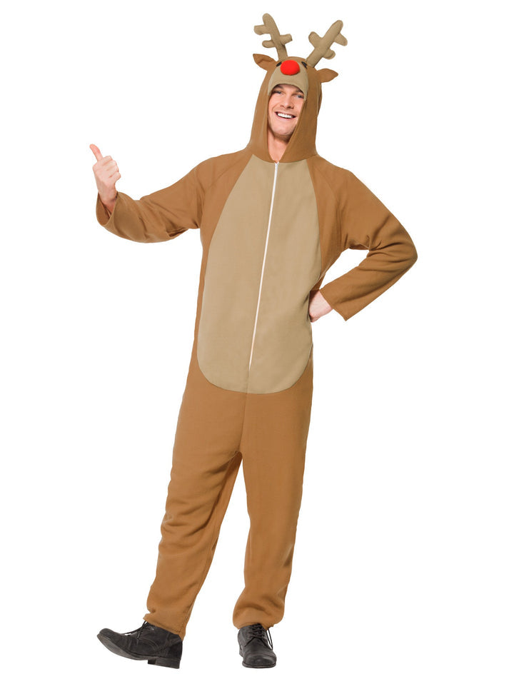 Reindeer Costume Adult Brown All In One With Hood