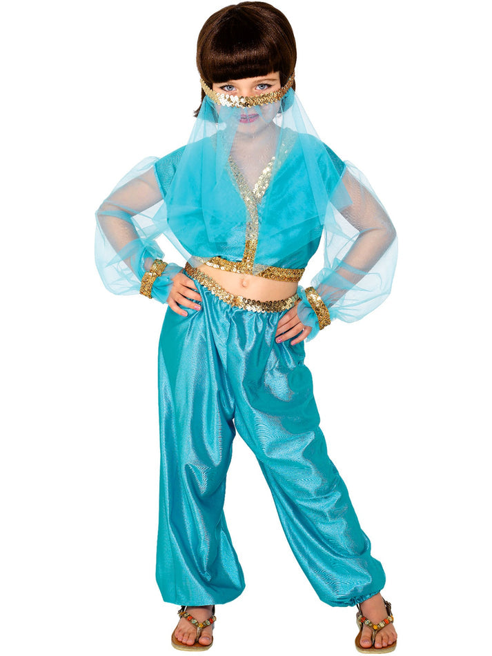 Arabian Princess Costume Kids Blue Trousers Short Belly Top Headpiece with Veil 2