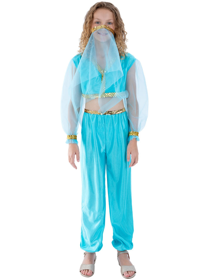 Arabian Princess Costume Kids Blue Trousers Short Belly Top Headpiece with Veil 3