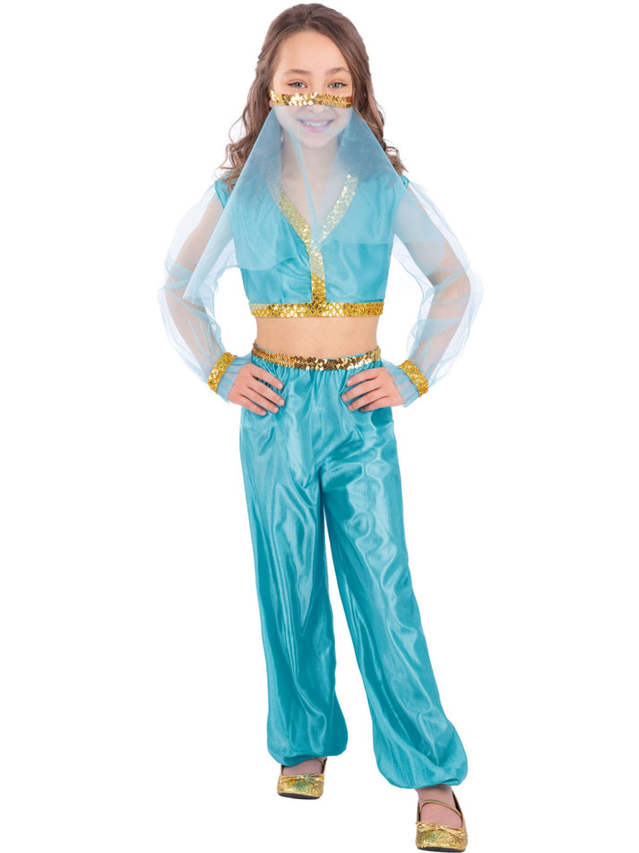 Arabian Princess Costume Kids Blue Trousers Short Belly Top Headpiece with Veil 1