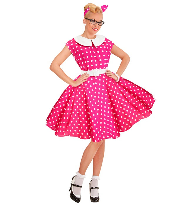 The 50S Rock'N'Roll Fashion Hot Pink  Dress With Petticoat, Belt, Headband 