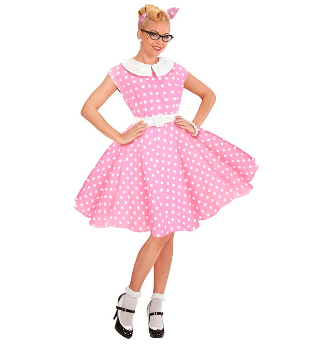The 50S Rock'N'Roll Fashion Pink  Dress With Petticoat, Belt, Headband 