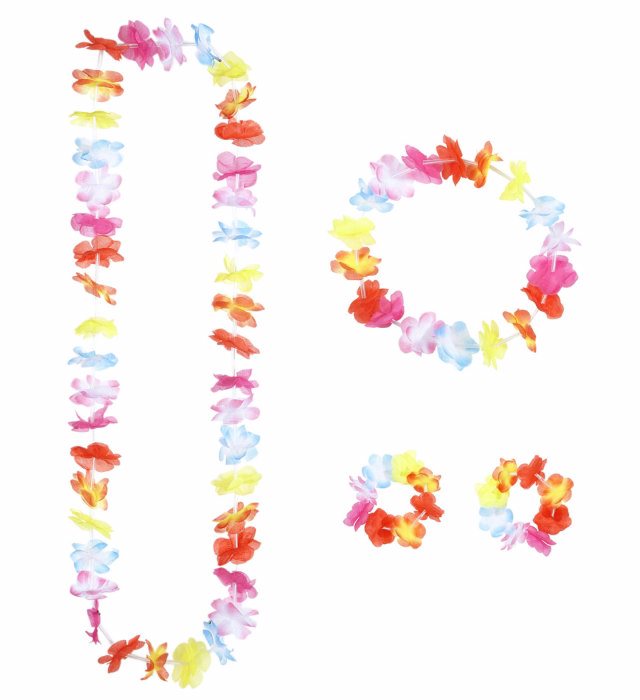 Multicolor Hawaiian Set  Lei, Crown, 2 Bracelets 