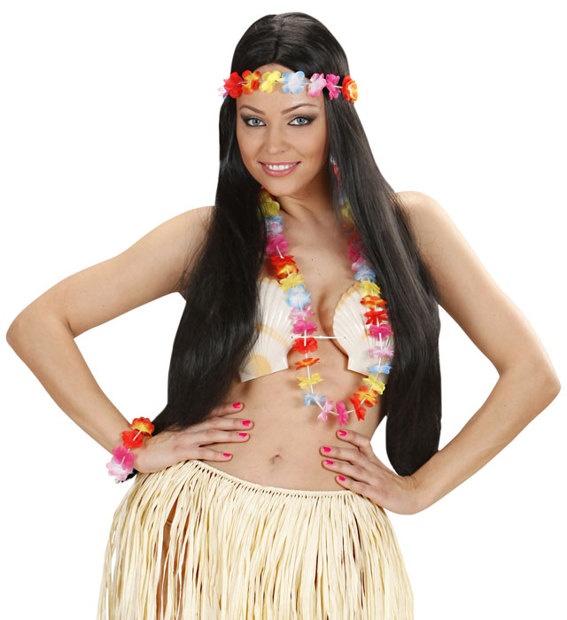 Multicolor Hawaiian Set  Lei, Crown, 2 Bracelets 