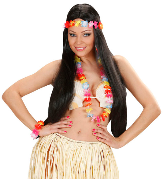 Multicolor Hawaiian Set  Lei, Crown, 2 Bracelets 