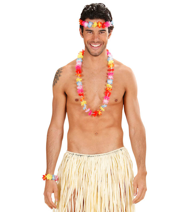 Multicolor Hawaiian Set  Lei, Crown, 2 Bracelets 