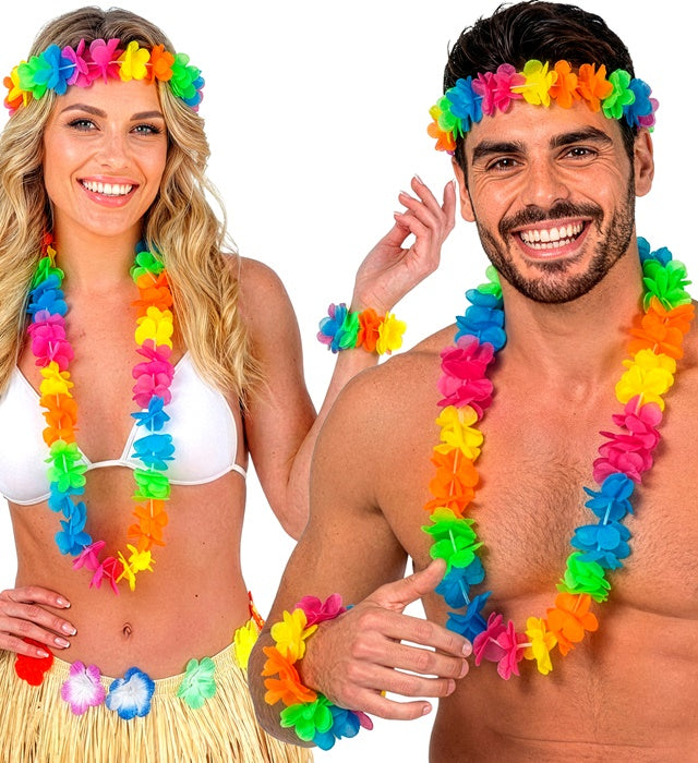  Bright Multicolor Hawaiian Set  Lei, Crown, Bracelet 