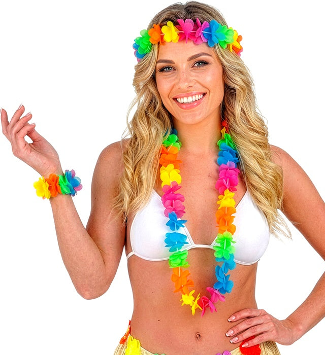  Bright Multicolor Hawaiian Set  Lei, Crown, Bracelet 