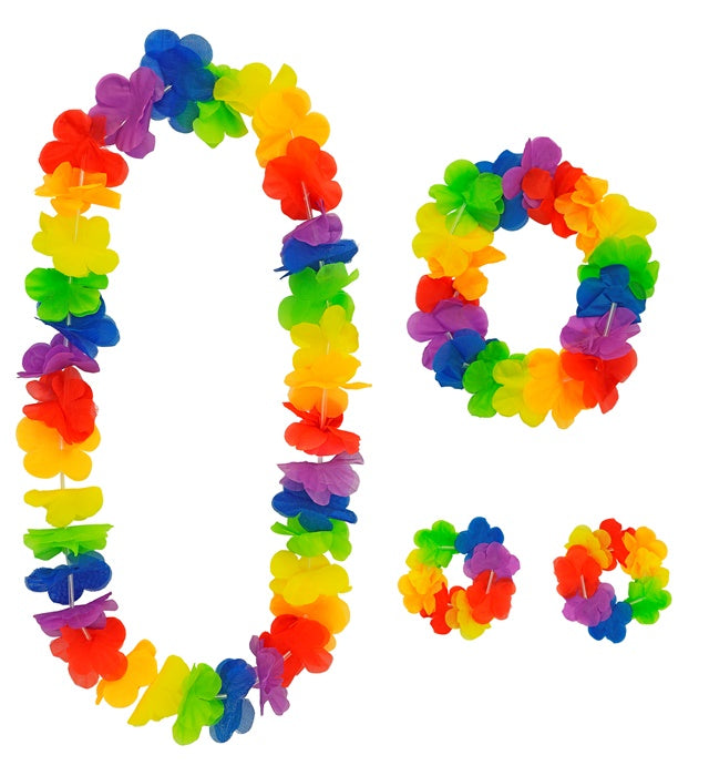Rainbow Color Hawaiian Set  Lei, Crown, 2 Bracelets 