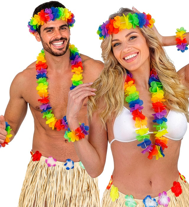 Rainbow Color Hawaiian Set  Lei, Crown, 2 Bracelets 