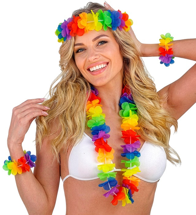 Rainbow Color Hawaiian Set  Lei, Crown, 2 Bracelets 
