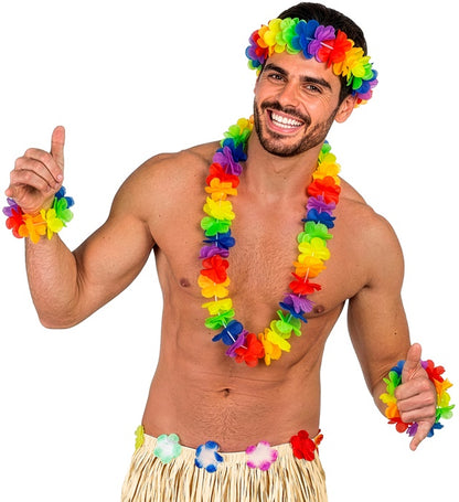 Rainbow Color Hawaiian Set  Lei, Crown, 2 Bracelets 