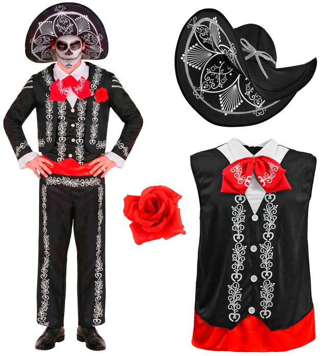Mariachi Dia De Los Muertos  Jacket, Shirt With Vest And Bow Tie, Pants, Sombrero 