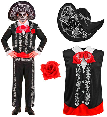 Mariachi Dia De Los Muertos  Jacket, Shirt With Vest And Bow Tie, Pants, Sombrero 