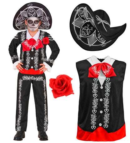 Mariachi Dia De Los Muertos  Jacket, Shirt With Vest And Bow Tie, Pants, Sombrero 