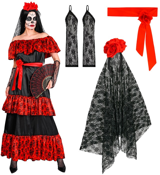 Mujer Dia De Los Muertos  Dress, Rose Belt, Fingerless Gloves, Flower Veil 