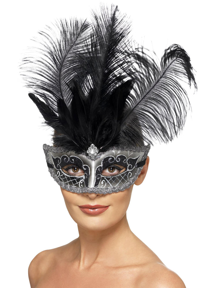 Grey Venetian Colombina Eyemask Black Plumes Adult Costume Accessory 1