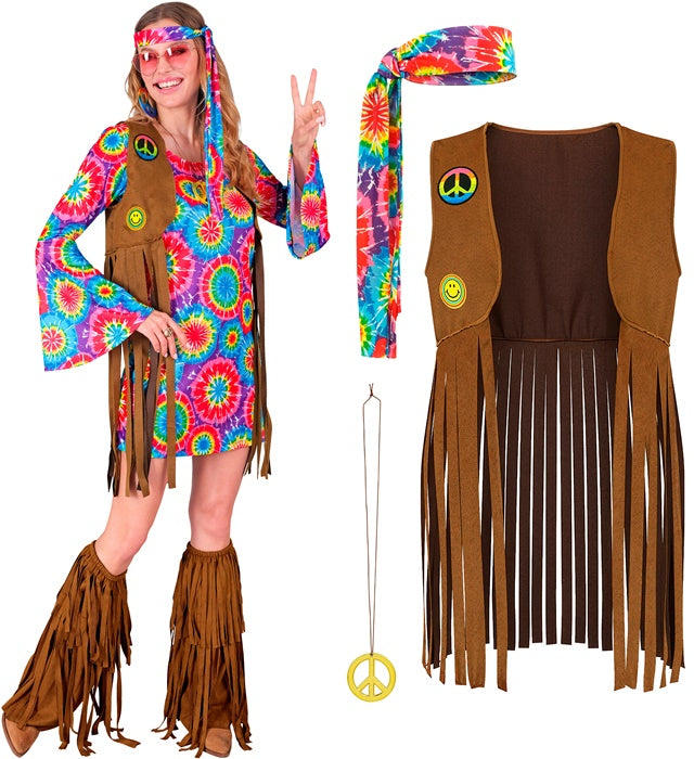Hippie  Dress, Vest, Headband, Peace Sign Necklace 