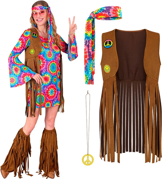 Hippie  Dress, Vest, Headband, Peace Sign Necklace 