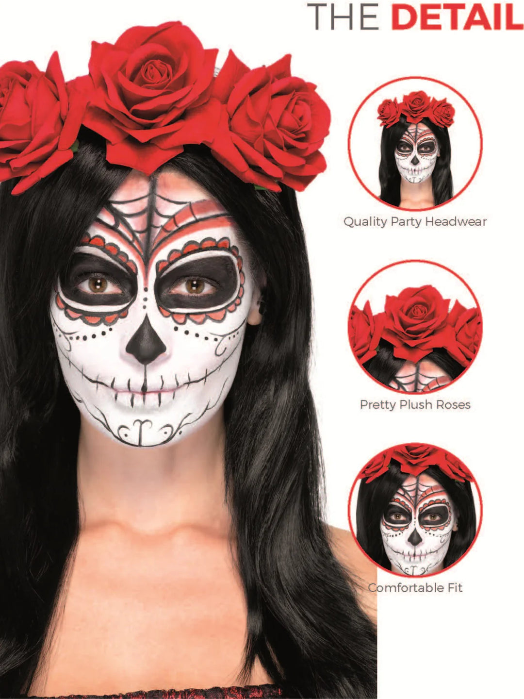 Day Of The Dead Red Headband Red Roses Adult Halloween Costume Accessory