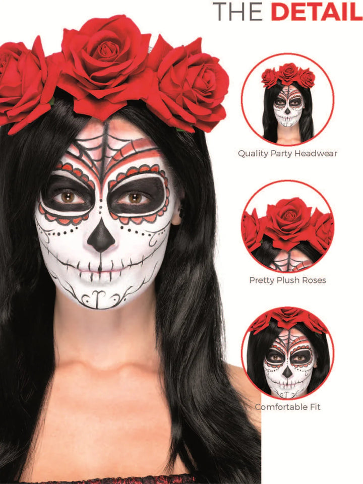 Day Of The Dead Red Headband Red Roses Adult Halloween Costume Accessory