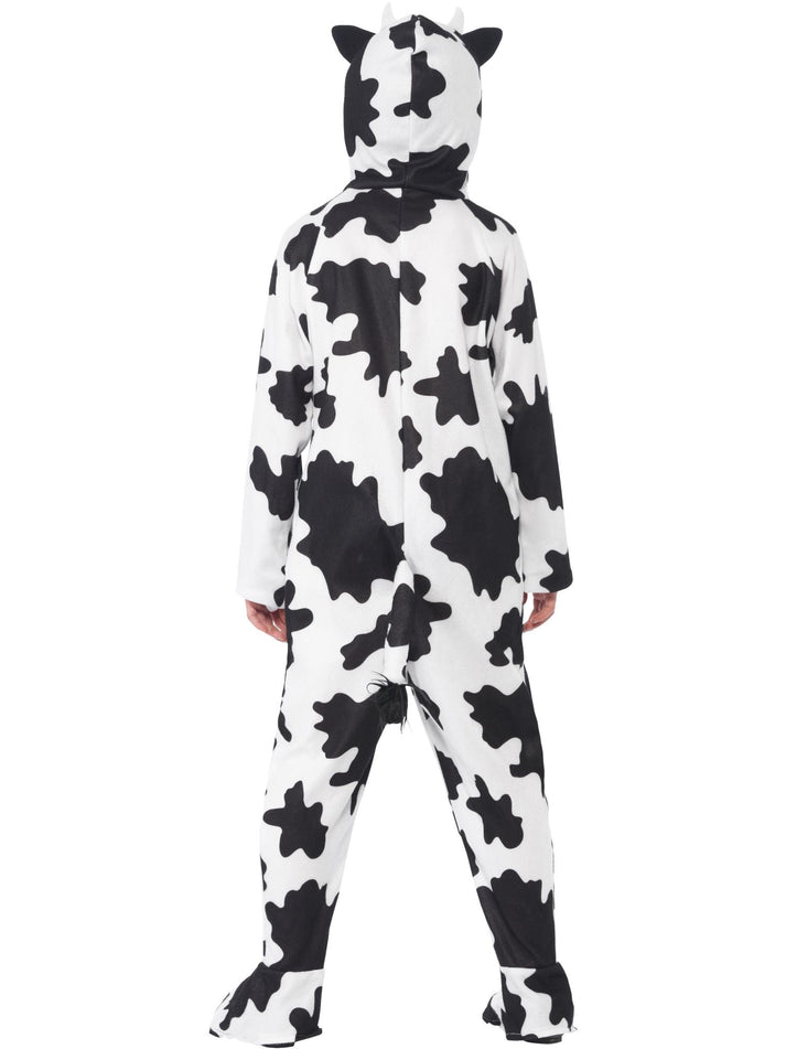 Cow Costume Kids White Black Hooded Jumpsuit Zip Front Feet Covers and Tail 4