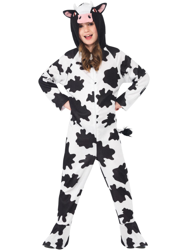 Cow Costume Kids White Black Hooded Jumpsuit Zip Front Feet Covers and Tail 6