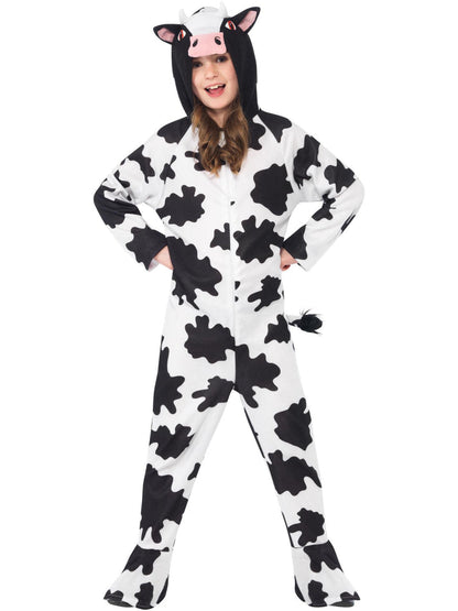 Cow Costume Kids White Black Hooded Jumpsuit Zip Front Feet Covers and Tail 6