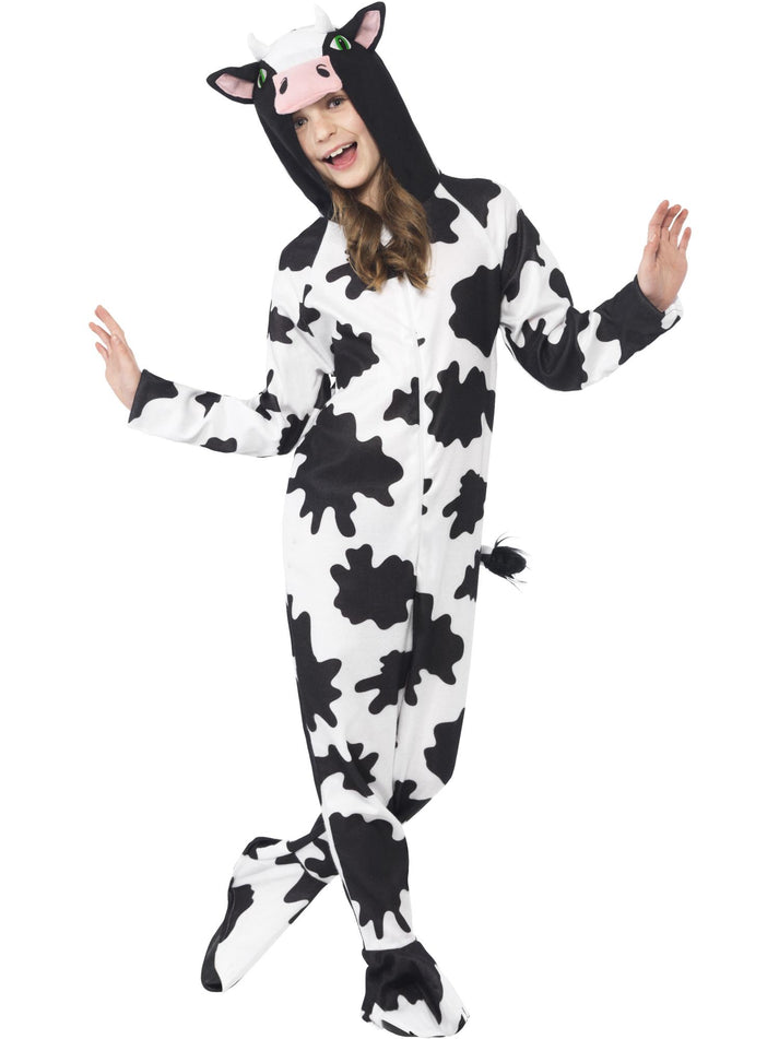 Cow Costume Kids White Black Hooded Jumpsuit Zip Front Feet Covers and Tail 1