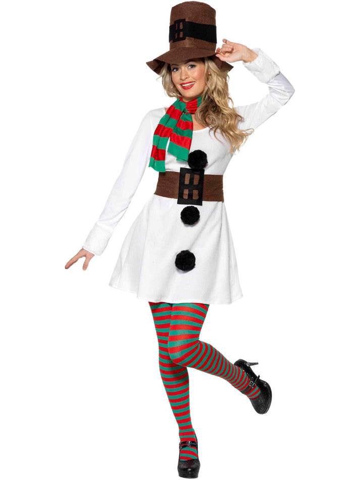 Miss Snowman Costume Adult White Dress with Brown Hat, Belt and Red Green Scarf