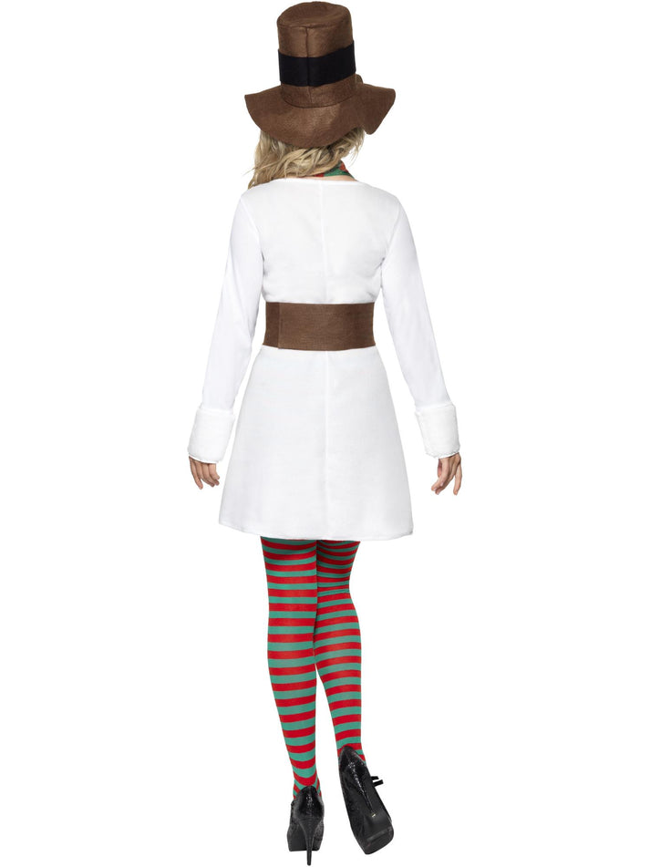 Miss Snowman Costume Adult White Dress with Brown Hat, Belt and Red Green Scarf