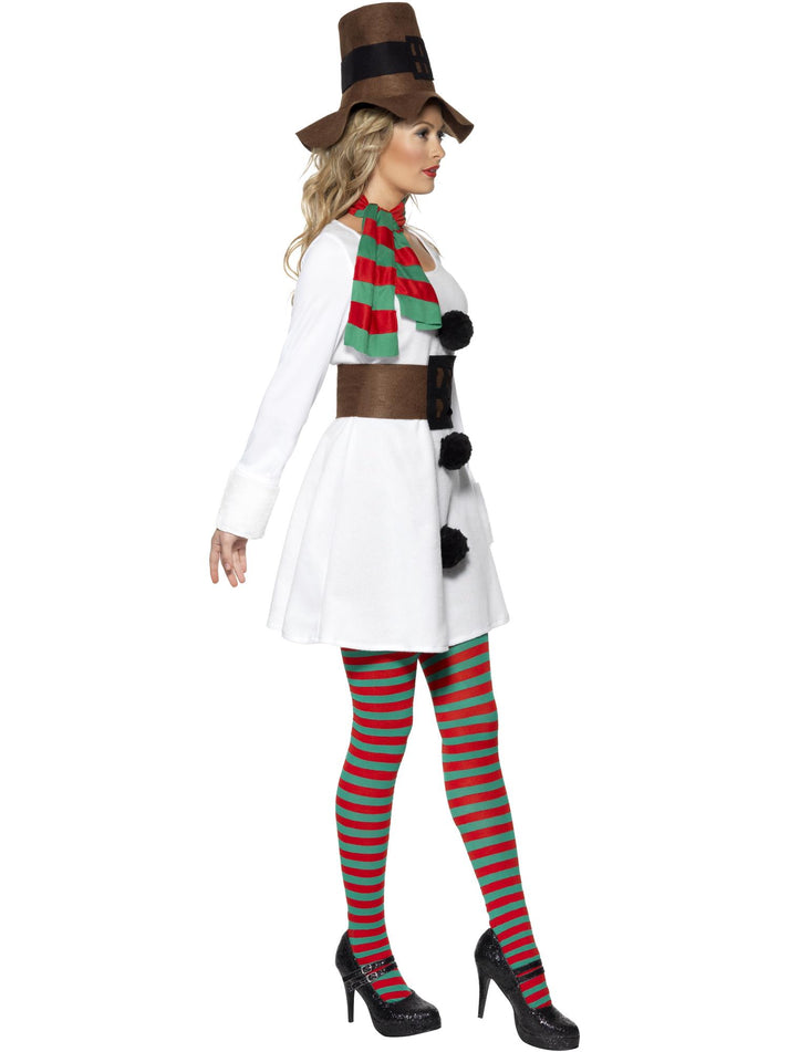 Miss Snowman Costume Adult White Dress with Brown Hat, Belt and Red Green Scarf