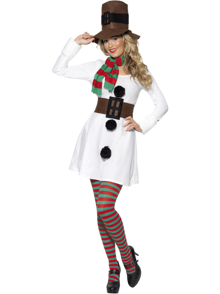 Miss Snowman Costume Adult White Dress with Brown Hat, Belt and Red Green Scarf