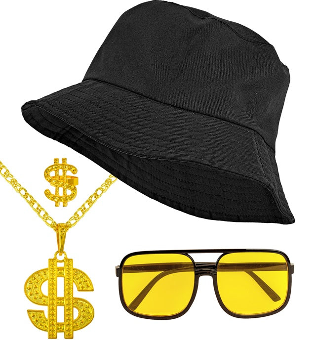 The 90S Hip Hop Fashion - Black  Bucket Hat, Glasses, Necklace, Ring 