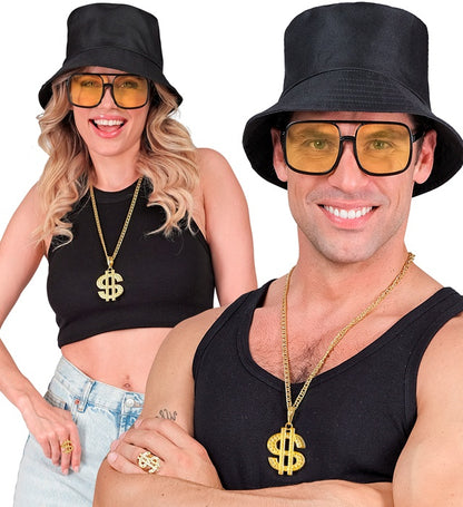 The 90S Hip Hop Fashion - Black  Bucket Hat, Glasses, Necklace, Ring 