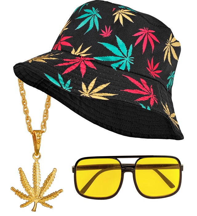 The 90S Hip Hop Fashion - Ganja   Bucket Hat, Glasses, Necklace 