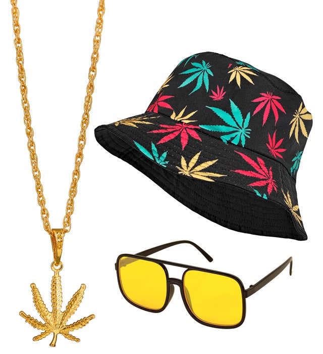 The 90S Hip Hop Fashion - Ganja   Bucket Hat, Glasses, Necklace 