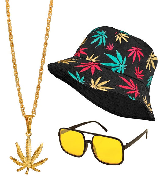 The 90S Hip Hop Fashion - Ganja   Bucket Hat, Glasses, Necklace 