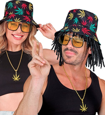 The 90S Hip Hop Fashion - Ganja   Bucket Hat, Glasses, Necklace 