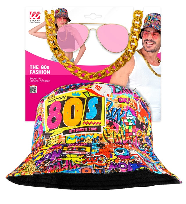 The 80S Funky Fashion - Graffiti  Bucket Hat, Glasses, Necklace 
