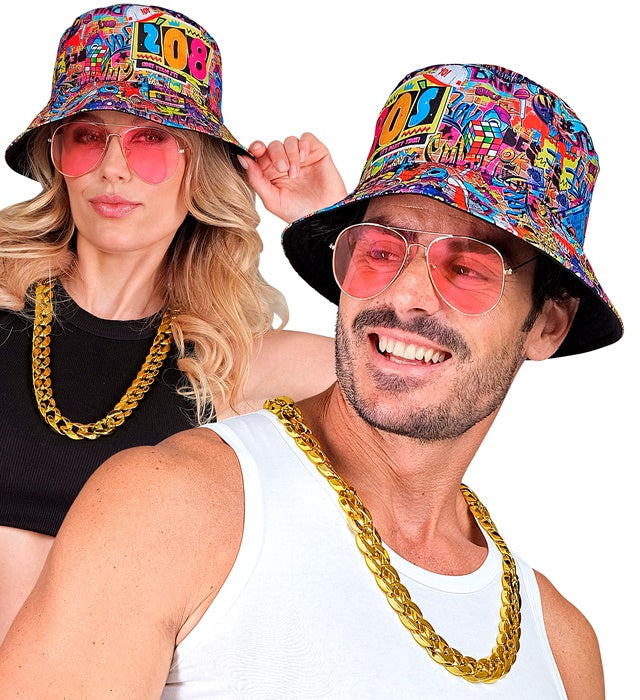 The 80S Funky Fashion - Graffiti  Bucket Hat, Glasses, Necklace 