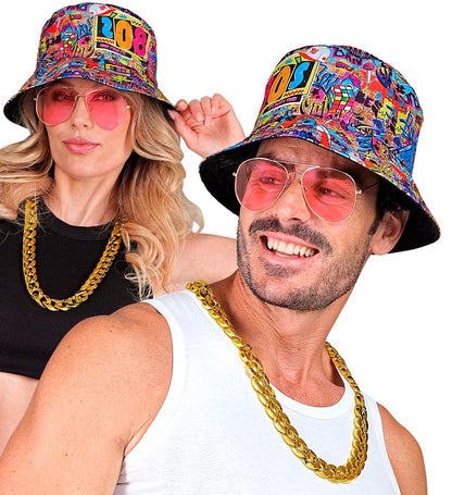 The 80S Funky Fashion - Graffiti  Bucket Hat, Glasses, Necklace 