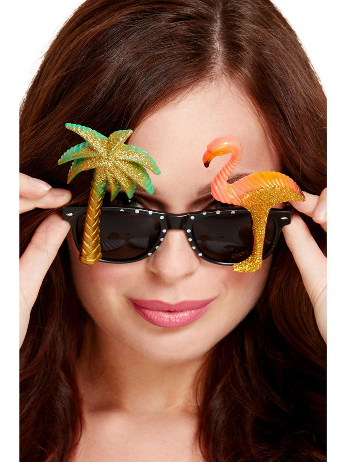 Adult Black Specs With Flamingo And Palm Tree Accents Hawaiian Party Accessory