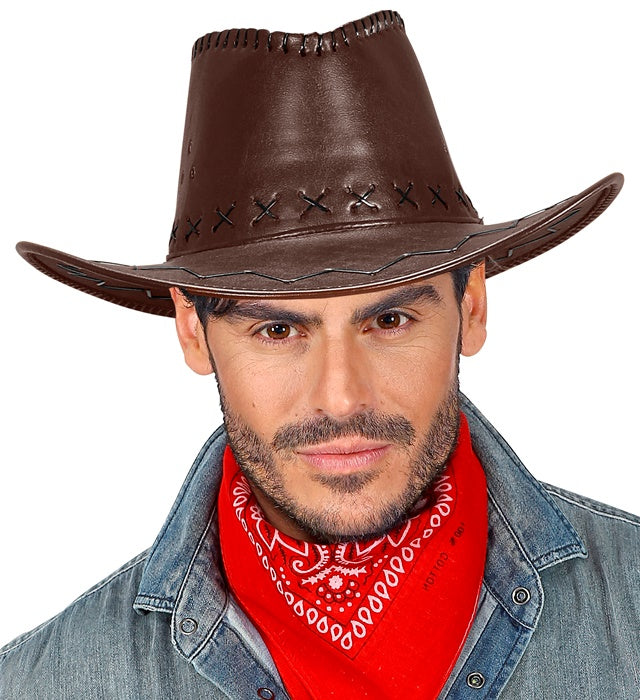 Brown Cowboy Hat Stitched Leatherlook