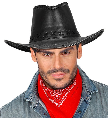 Black Cowboy Hat Stitched Leatherlook