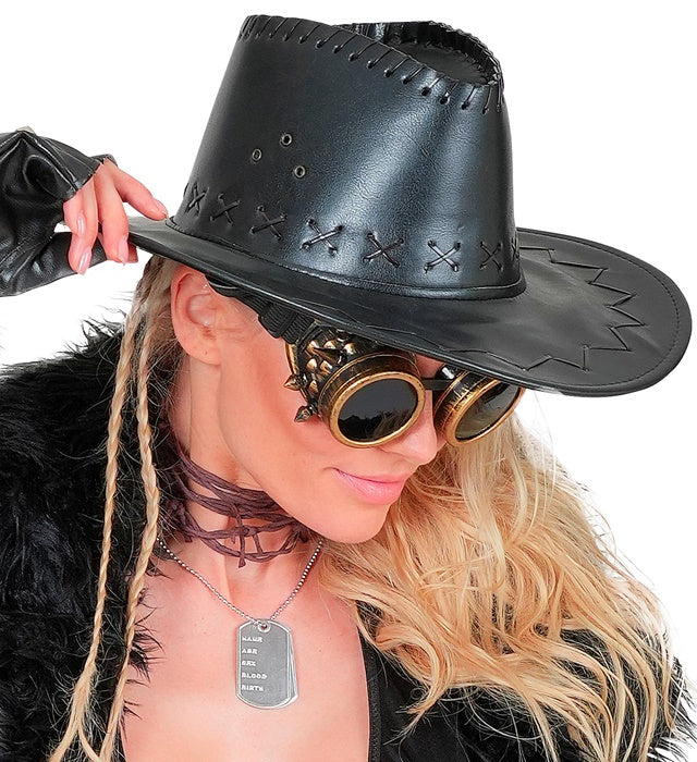 Black Cowboy Hat Stitched Leatherlook
