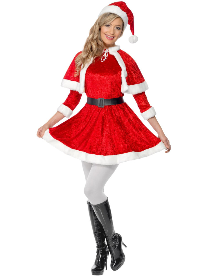 Miss Santa Costume Red Dress Cape Hat Belt