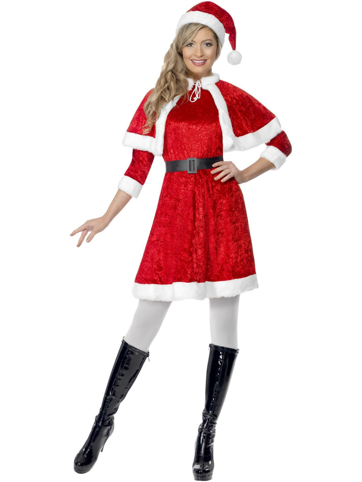 Miss Santa Costume Red Dress Cape Hat Belt