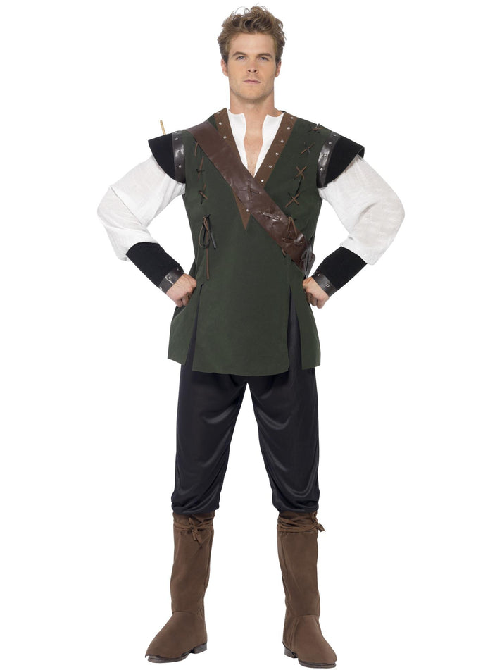 Robin Hood Costume Adult Green Trousers Tabard Shirt Sholder Belt Arrow Holder and Boot Covers 1